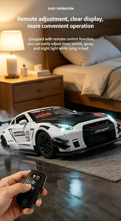 Racing Car Alarm Clock Simulation Engine Sound Fog Spray Light Auto Fans Decor Gift.