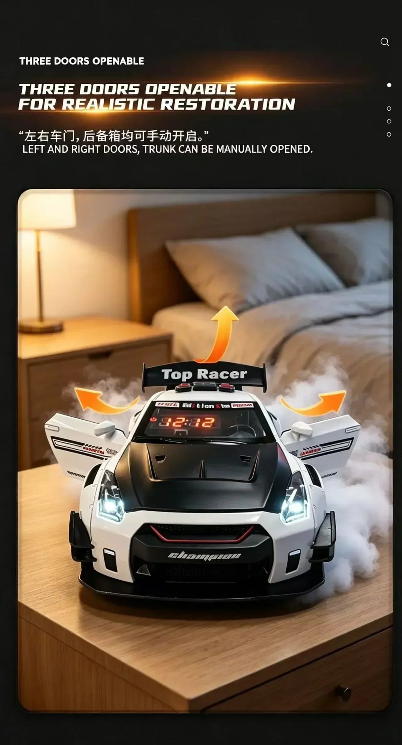 Racing Car Alarm Clock Simulation Engine Sound Fog Spray Light Auto Fans Decor Gift.