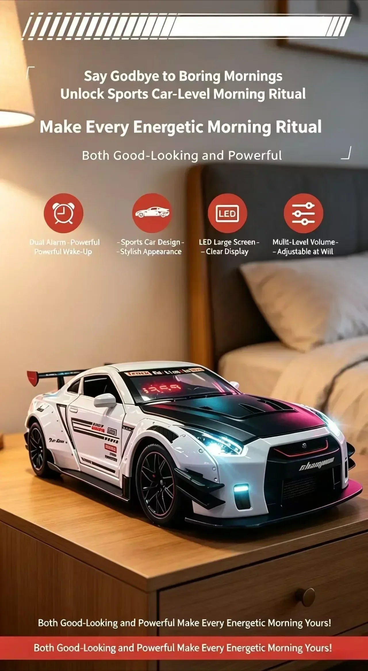 Racing Car Alarm Clock Simulation Engine Sound Fog Spray Light Auto Fans Decor Gift.