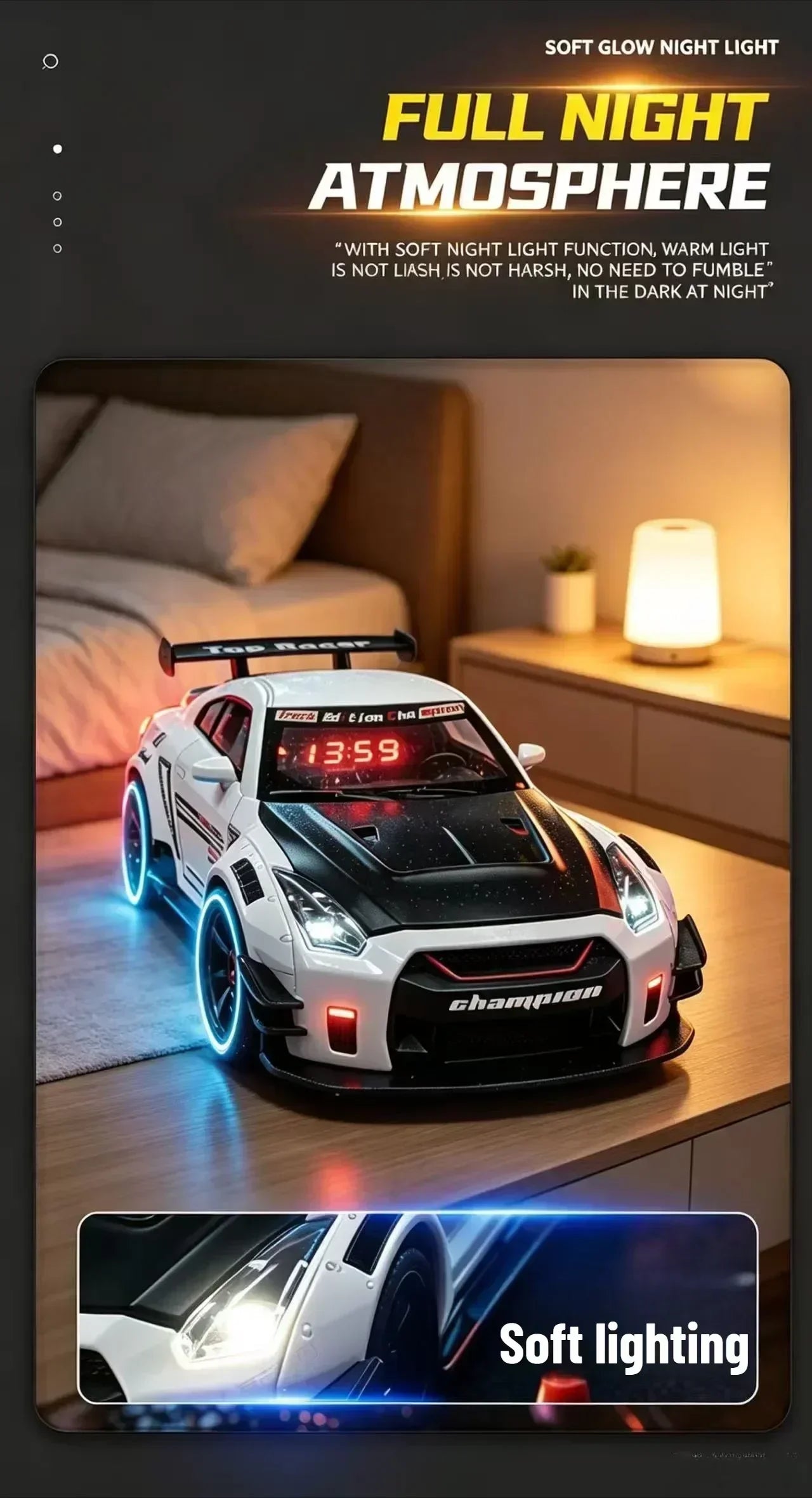 Racing Car Alarm Clock Simulation Engine Sound Fog Spray Light Auto Fans Decor Gift.