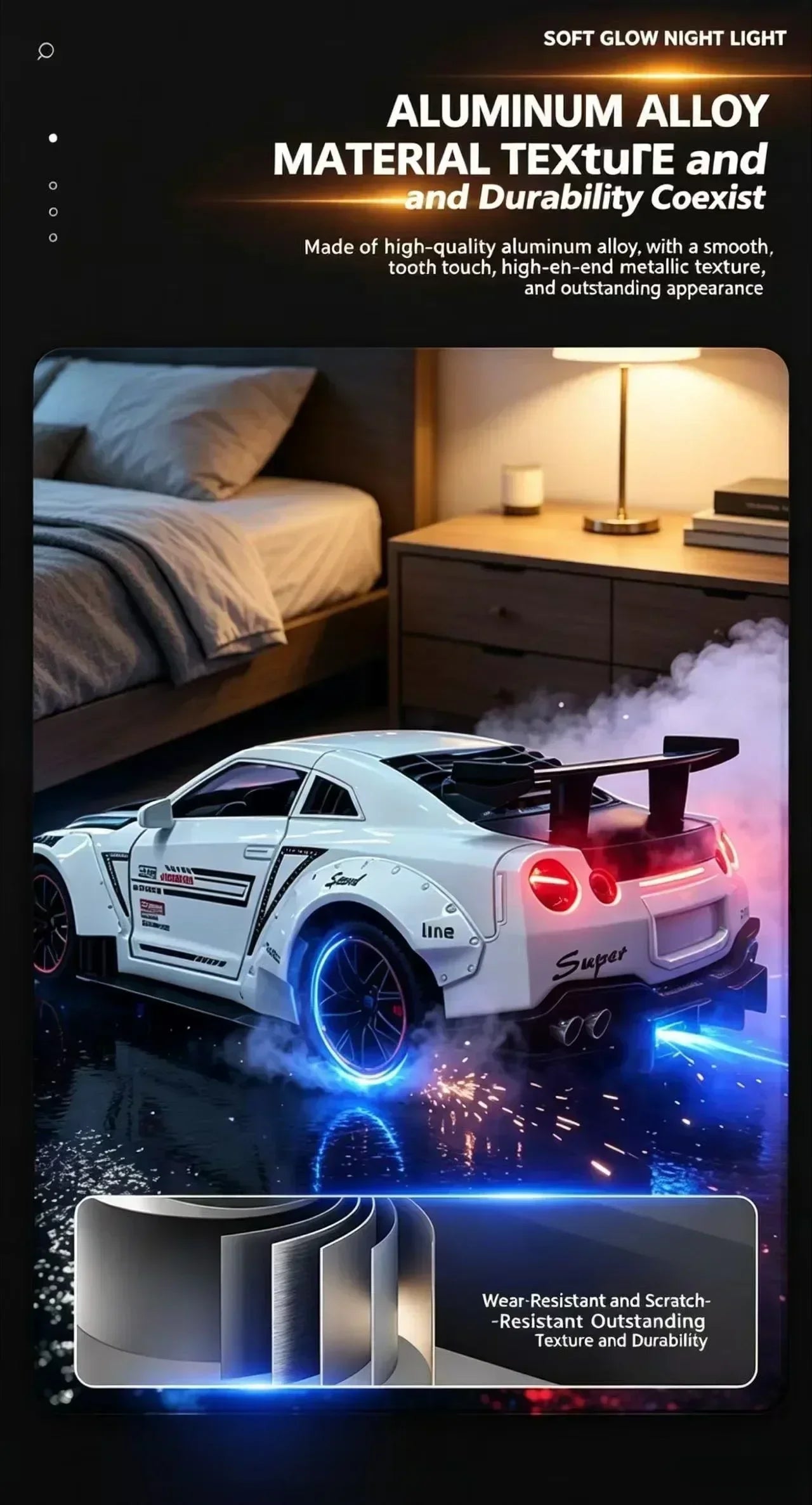 Racing Car Alarm Clock Simulation Engine Sound Fog Spray Light Auto Fans Decor Gift.