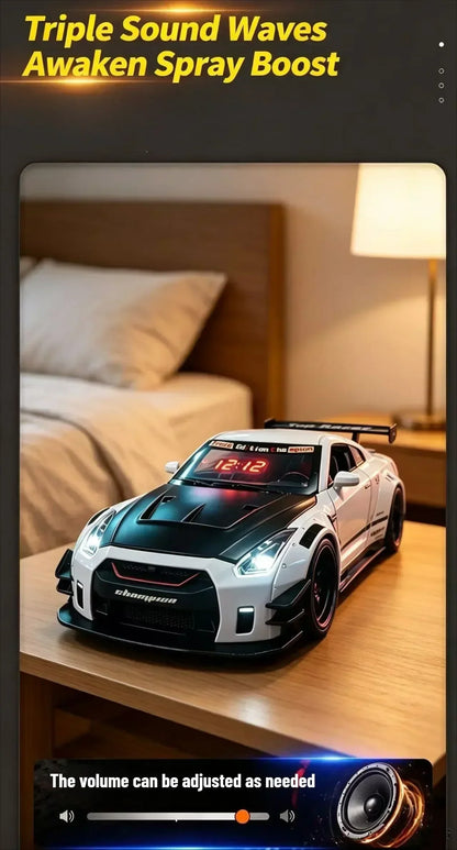 Racing Car Alarm Clock Simulation Engine Sound Fog Spray Light Auto Fans Decor Gift.