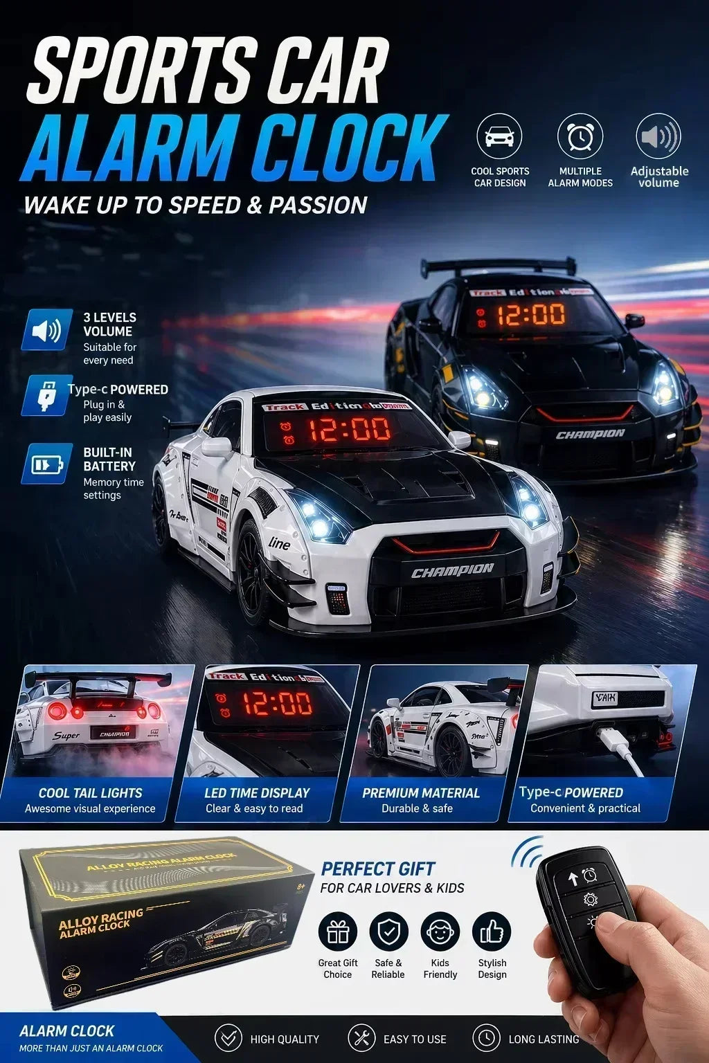 Racing Car Alarm Clock Simulation Engine Sound Fog Spray Light Auto Fans Decor Gift.