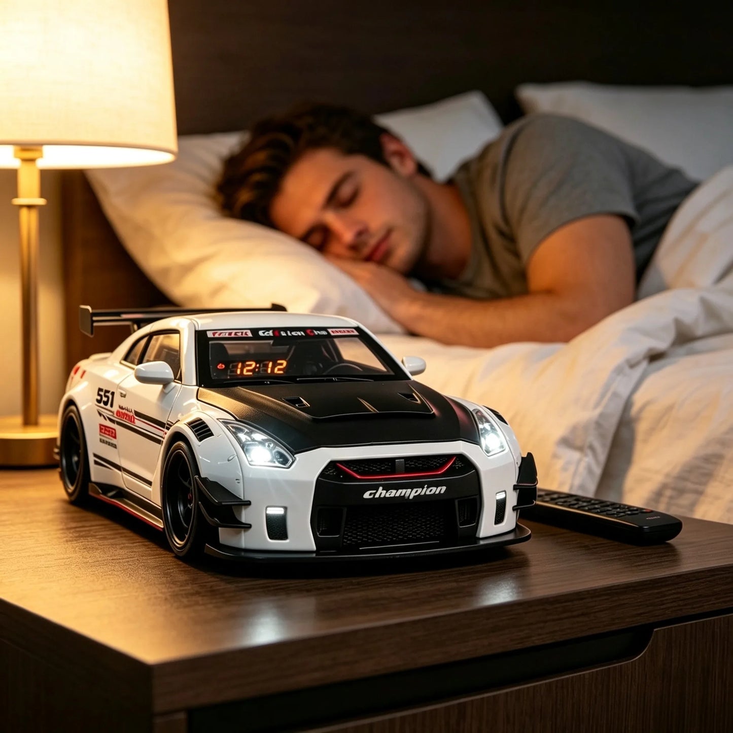 Racing Car Alarm Clock Simulation Engine Sound Fog Spray Light Auto Fans Decor Gift.