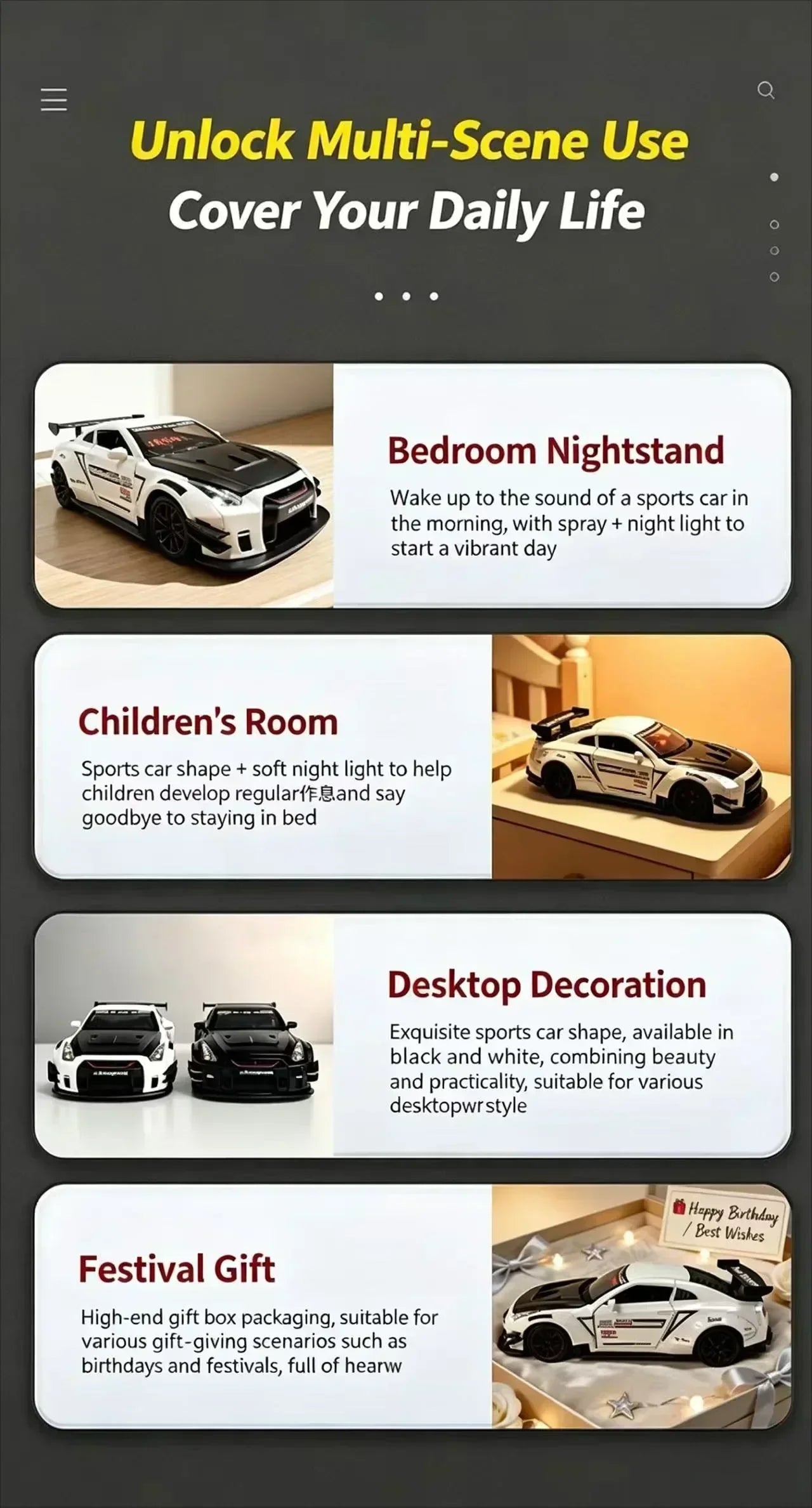 Racing Car Alarm Clock Simulation Engine Sound Fog Spray Light Auto Fans Decor Gift.