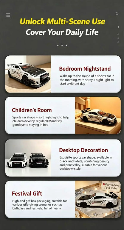 Racing Car Alarm Clock Simulation Engine Sound Fog Spray Light Auto Fans Decor Gift.