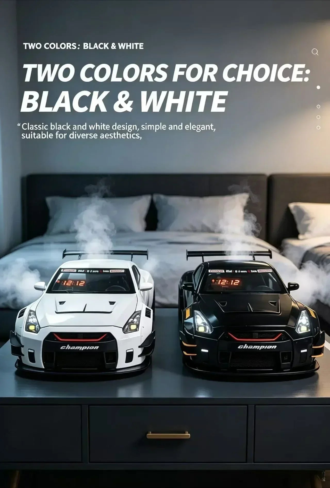 Racing Car Alarm Clock Simulation Engine Sound Fog Spray Light Auto Fans Decor Gift.