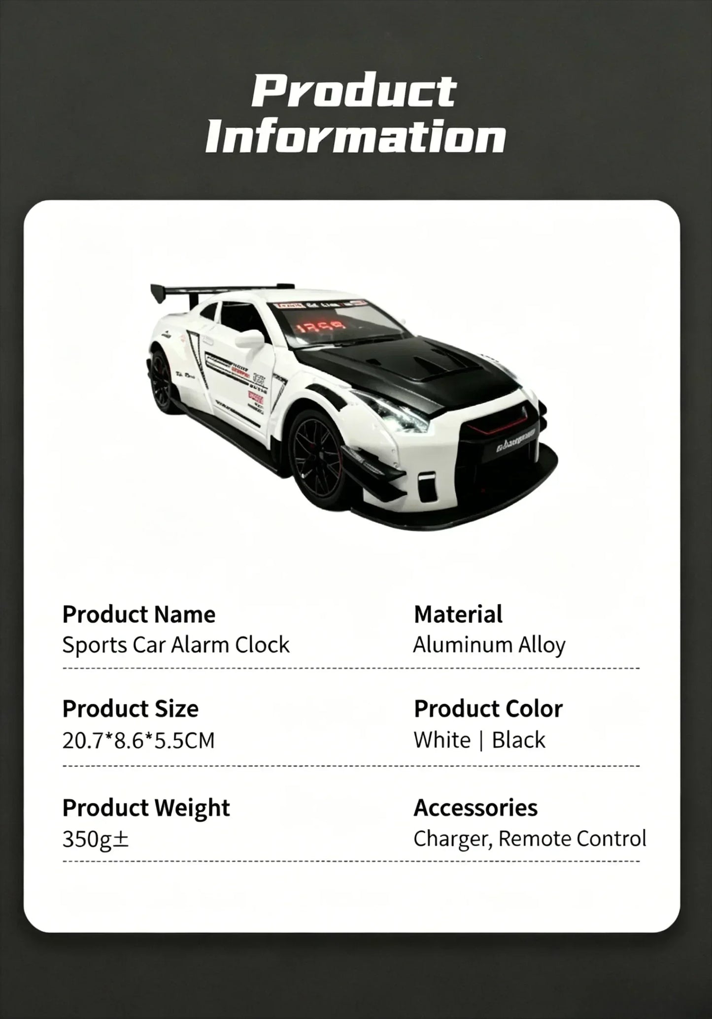 Racing Car Alarm Clock Simulation Engine Sound Fog Spray Light Auto Fans Decor Gift.