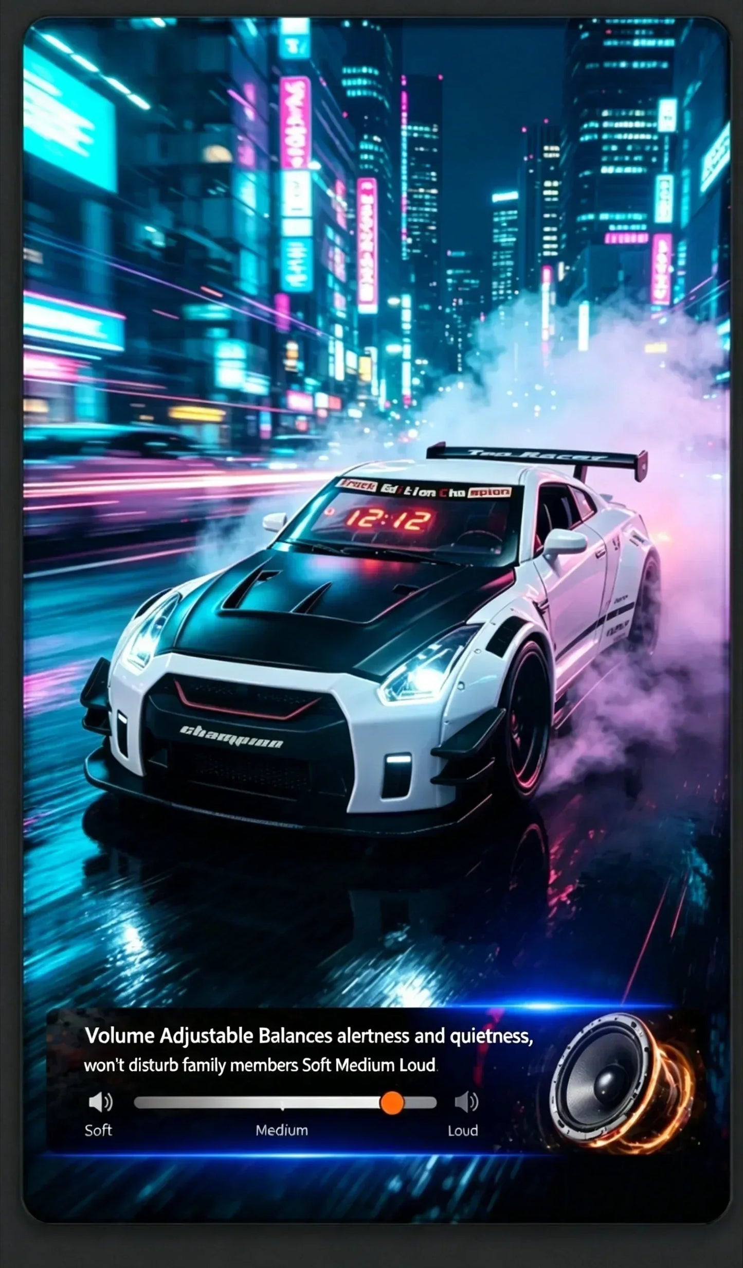 Racing Car Alarm Clock Simulation Engine Sound Fog Spray Light Auto Fans Decor Gift.