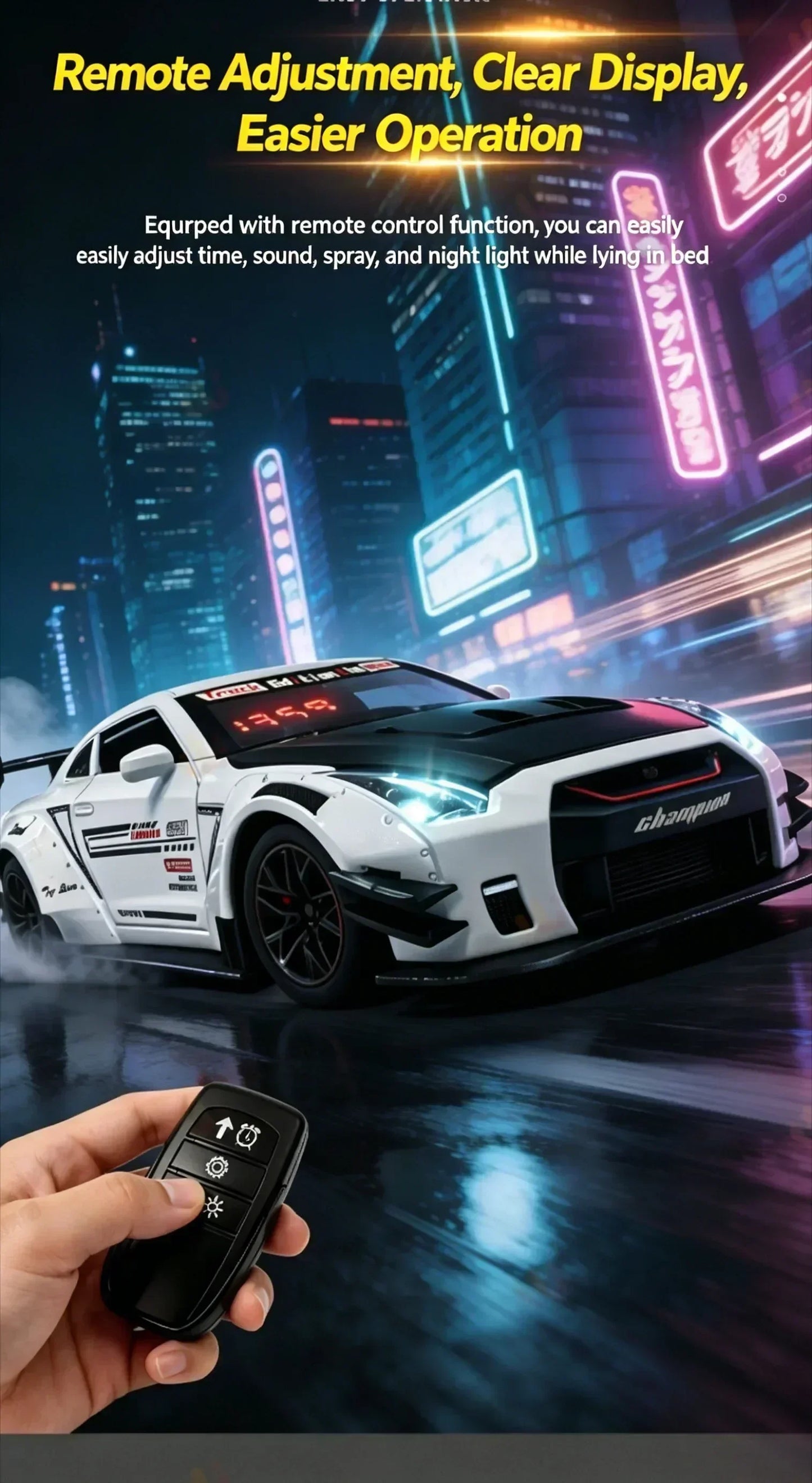 Racing Car Alarm Clock Simulation Engine Sound Fog Spray Light Auto Fans Decor Gift.
