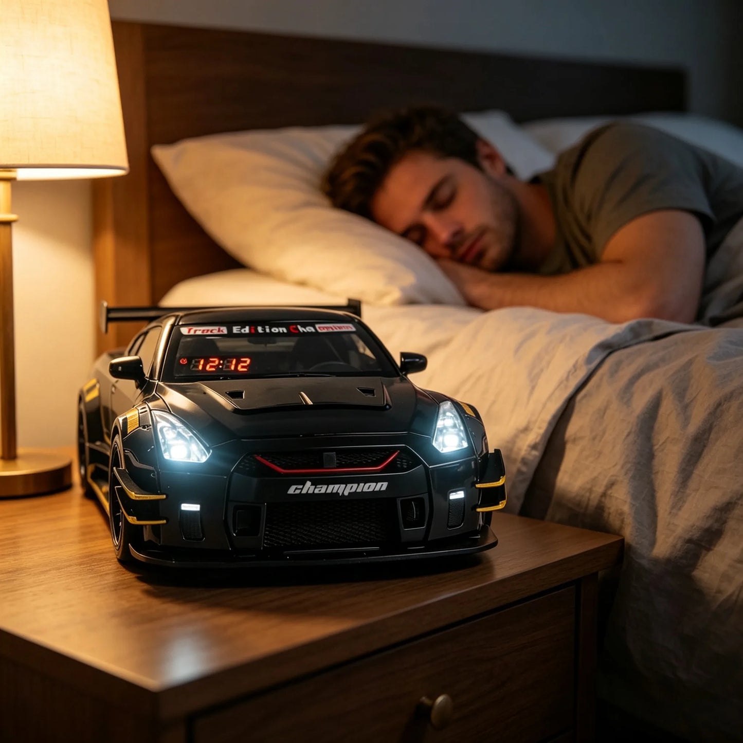 Racing Car Alarm Clock Simulation Engine Sound Fog Spray Light Auto Fans Decor Gift.