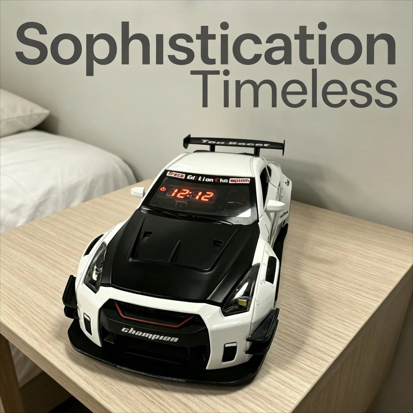 Racing Car Alarm Clock Simulation Engine Sound Fog Spray Light Auto Fans Decor Gift.