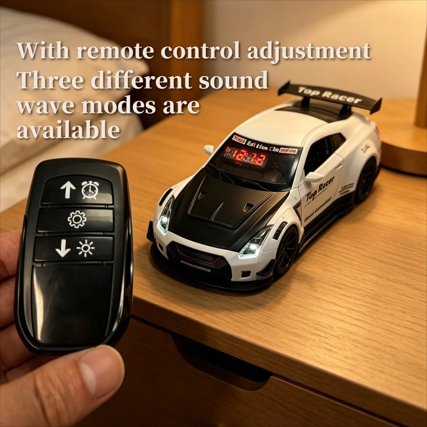 Racing Car Alarm Clock Simulation Engine Sound Fog Spray Light Auto Fans Decor Gift.